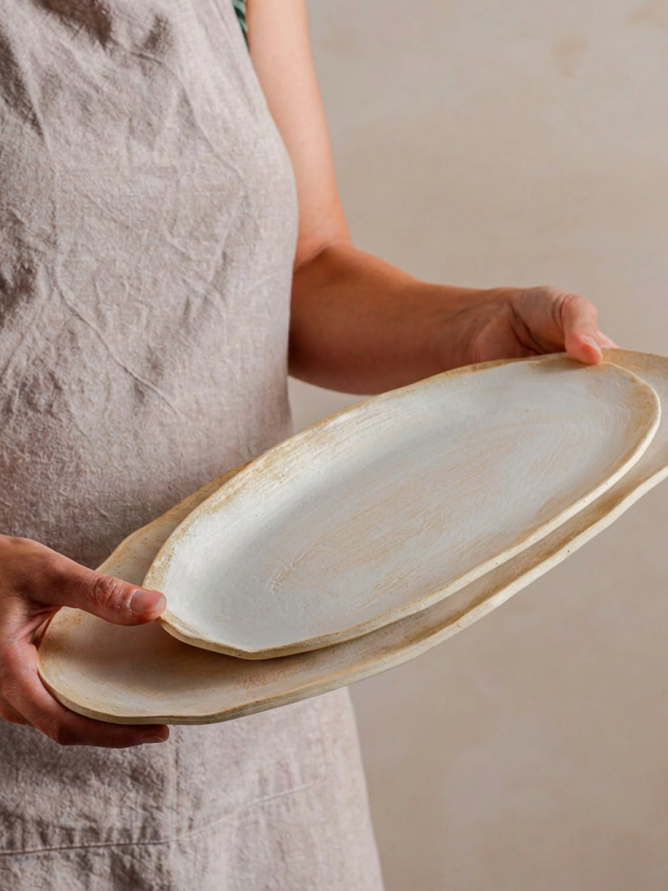 Set of 3 Handmade Stoneware Plate Set: Rustic Ceramic Serving Trays
