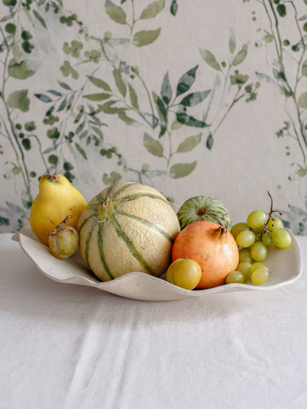 Handmade beige stoneware centerpiece: Large wavy ceramic fruit bowl