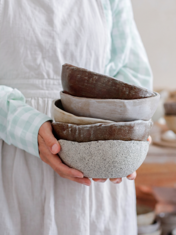 Set of 4 Handmade Stoneware Set: Rustic Ceramic Pasta Bowls
